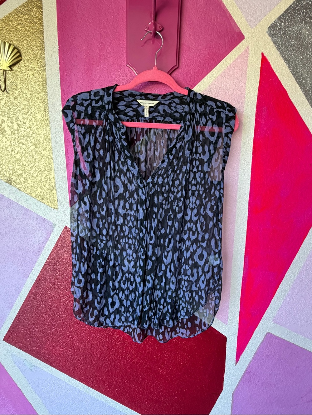 Rebecca Taylor Leopard Animal Print Sleeveless Chiffon Blouse Blue Black Size 4